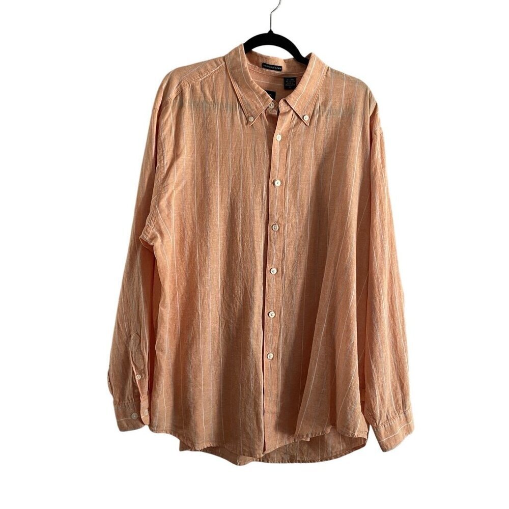 Izod Men's Sz XL Light Orange Striped Button Down Long Sleeve Linen Blend Shirt